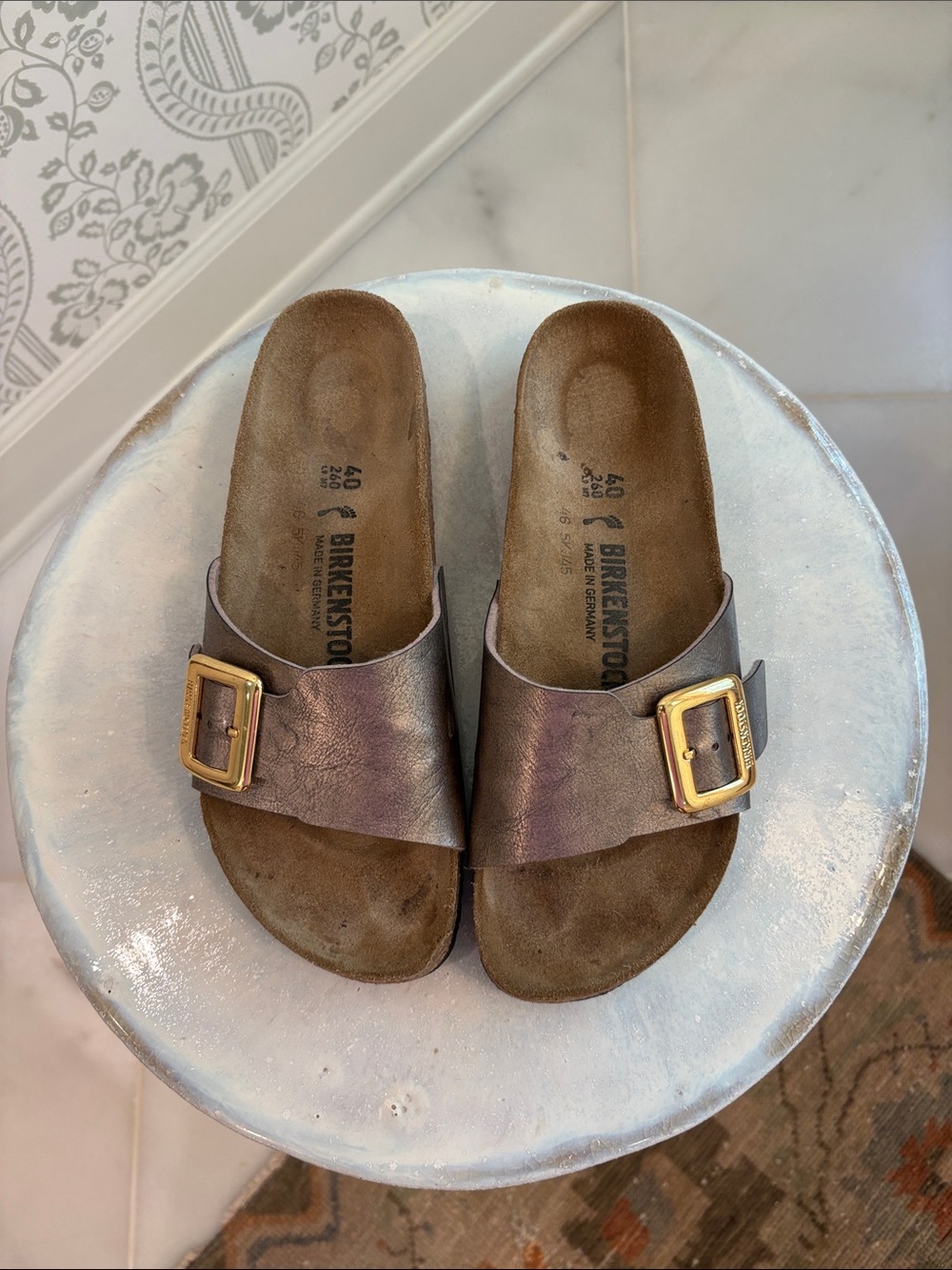 Birkenstock Metallic Bronze Single-Band Slide with Gold Buckles